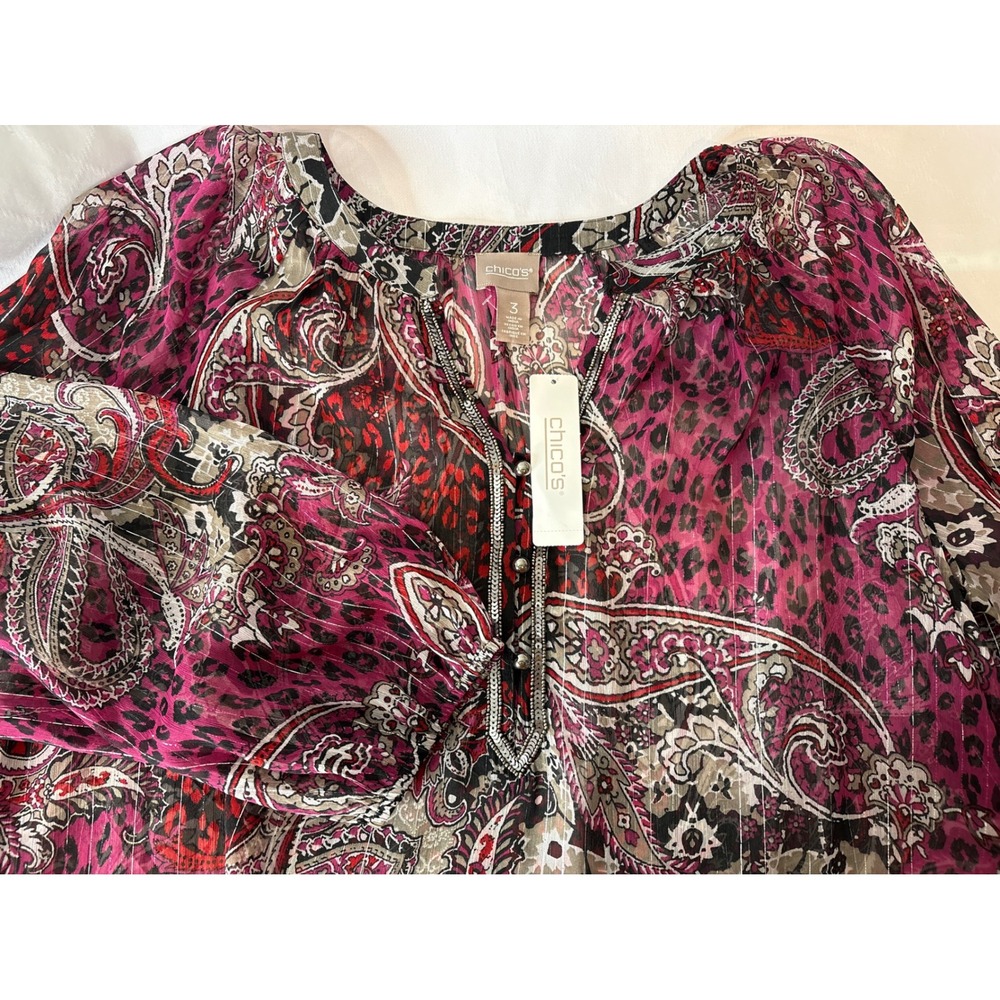 NWT CHICO'S Pink Paisley Leopard Sequin Tunic Top Sz 3/XL Metallic Maximalist - Picture 10 of 12